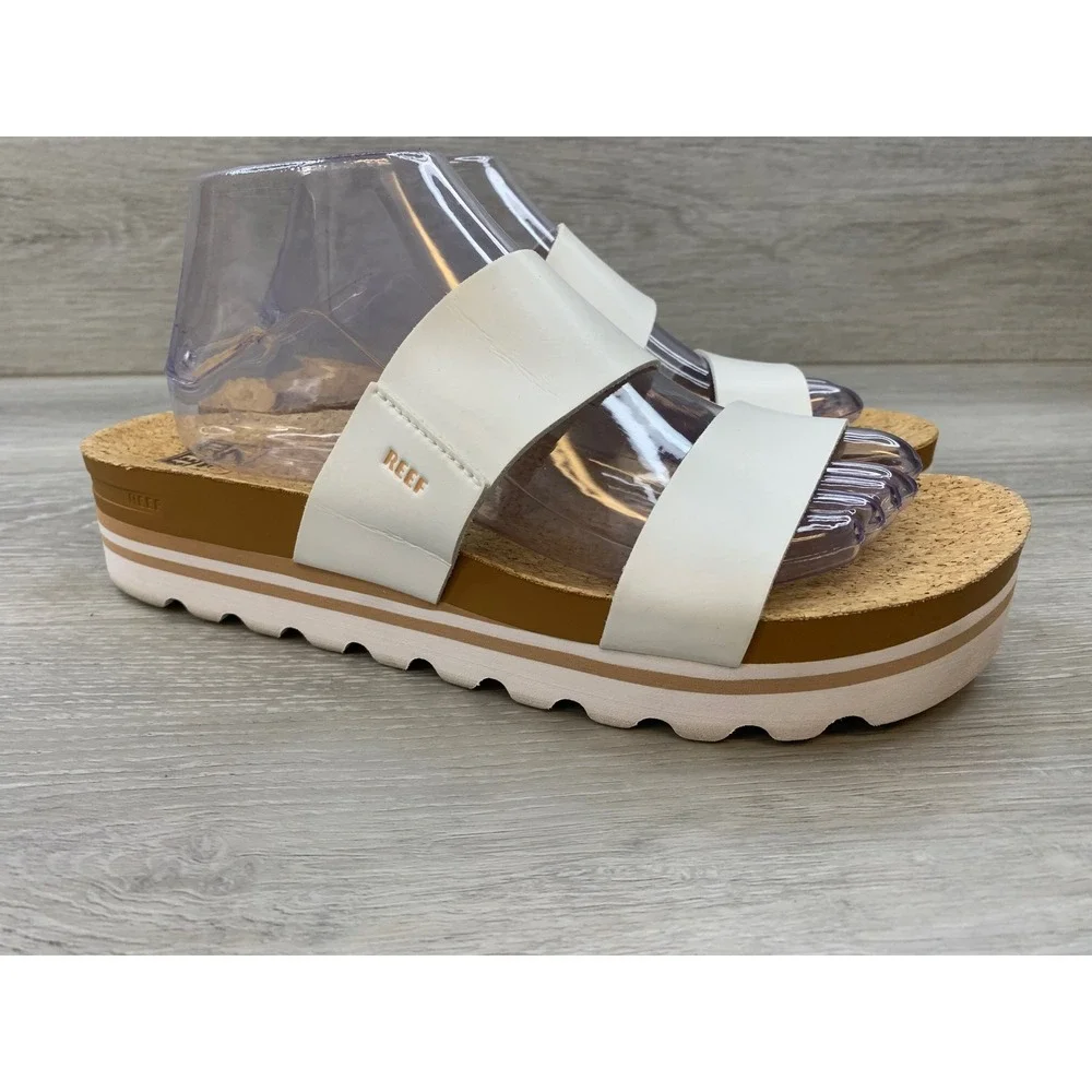 Reef Cushion Vista Hi White Cork Platform Sandals Women's 10 Slide Shoes